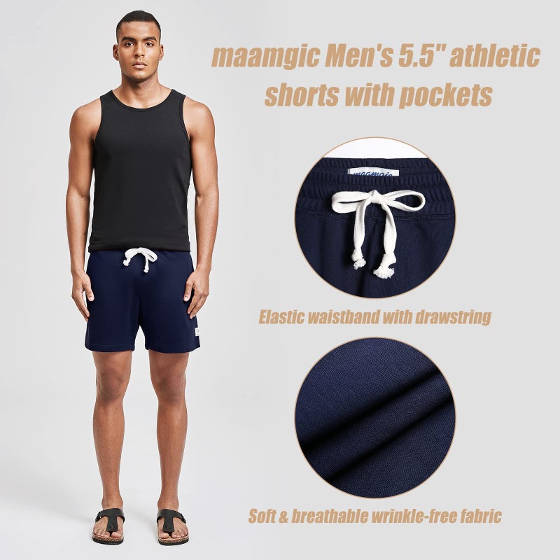 maamgic Mens Athletic Gym Shorts 5.5" Elastic Waist Casual Pajama Pocket Jogger Men Workout Short Pants Navy Large - Image 2